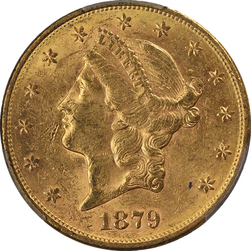 PCGS MS60 1879-S Twenty Dollar Liberty Gold Coin with Strong Luster: PCGS MS60 1879-S Twenty Dollar Liberty Gold Coin with Strong Luster This 1879-S Liberty Gold $20 coin is graded PCGS MS60, indicating an uncirculated condition with notable luster and a well-defined s