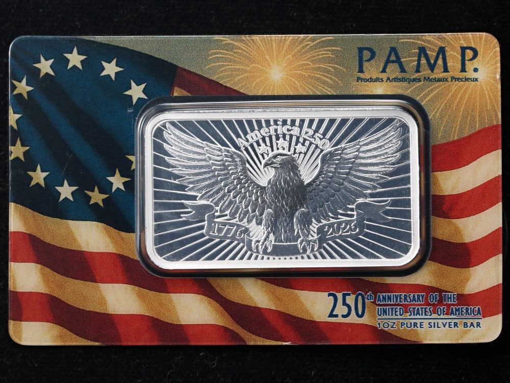 PAMP Suisse 1 Ounce .999 Silver Bar 250th Anniversary U.S. Heraldic Eagle OGP: PAMP Suisse 1 Ounce .999 Silver Bar 250th Anniversary U.S. Heraldic Eagle OGP Original PAMP Suisse 250th Anniversary of U.S. 1 ounce silver bar featuring the Heraldic Bald Eagle design in OGP. This st