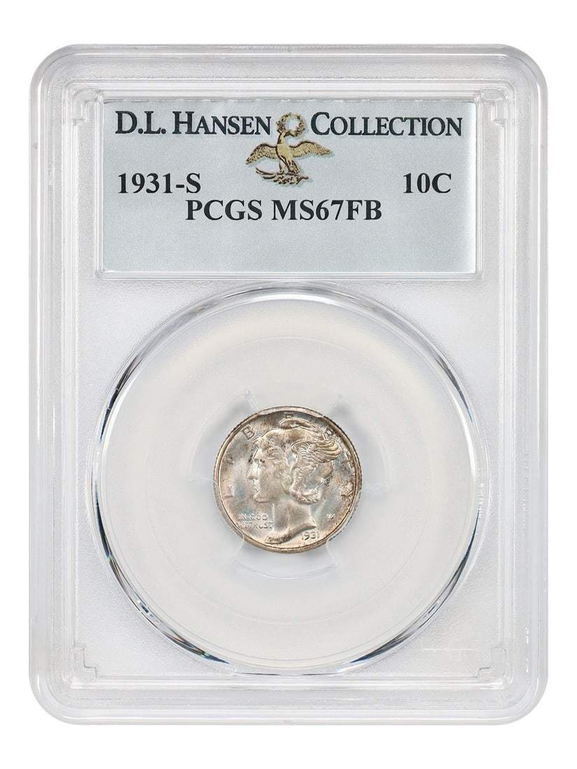 PCGS MS67FB 1931 S Mercury Dime 10C ex D.L. Hansen: PCGS MS67FB 1931 S Mercury Dime 10C ex D.L. Hansen 1931-S Mercury Dime certified by PCGS as MS67FB. From a mintage of only 1.8 million, the 1931-S is notably difficult to find in high grades, especial