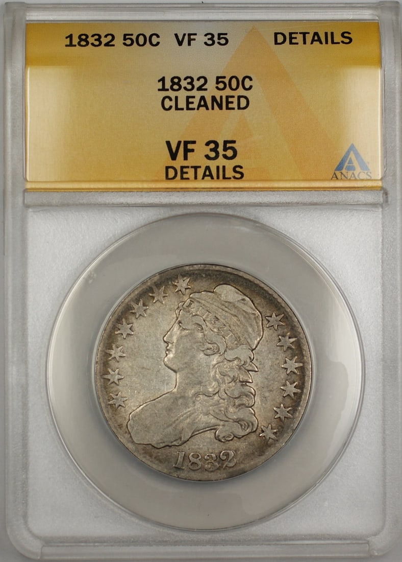 1832 50c Capped Bust Half Dollar Silver Coin ANACS VF-35 Details Cleaned: 1832 50c Capped Bust Half Dollar Silver Coin ANACS VF-35 Details Cleaned 1832 Capped Bust Silver Half Dollar 50c coin from the United States. This circulated silver coin is certified by ANACS and grad