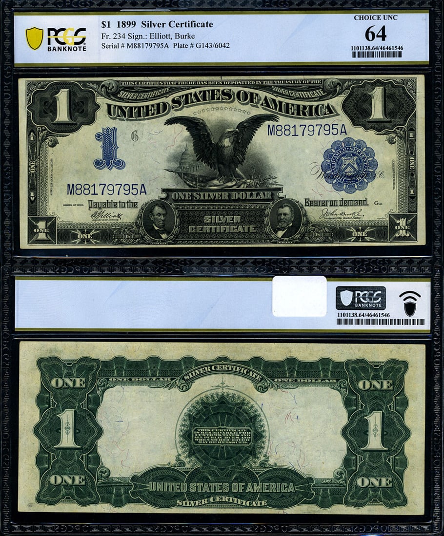 1899 $1 Black Eagle Silver Certificate FR 234 PCGS Choice CU64: 1899 $1 Black Eagle Silver Certificate FR 234 PCGS Choice CU64 1899 $1 Silver Certificate, Friedberg 234, graded Choice CU64 by PCGS. This uncirculated Black Eagle note shows excellent paper quality, 