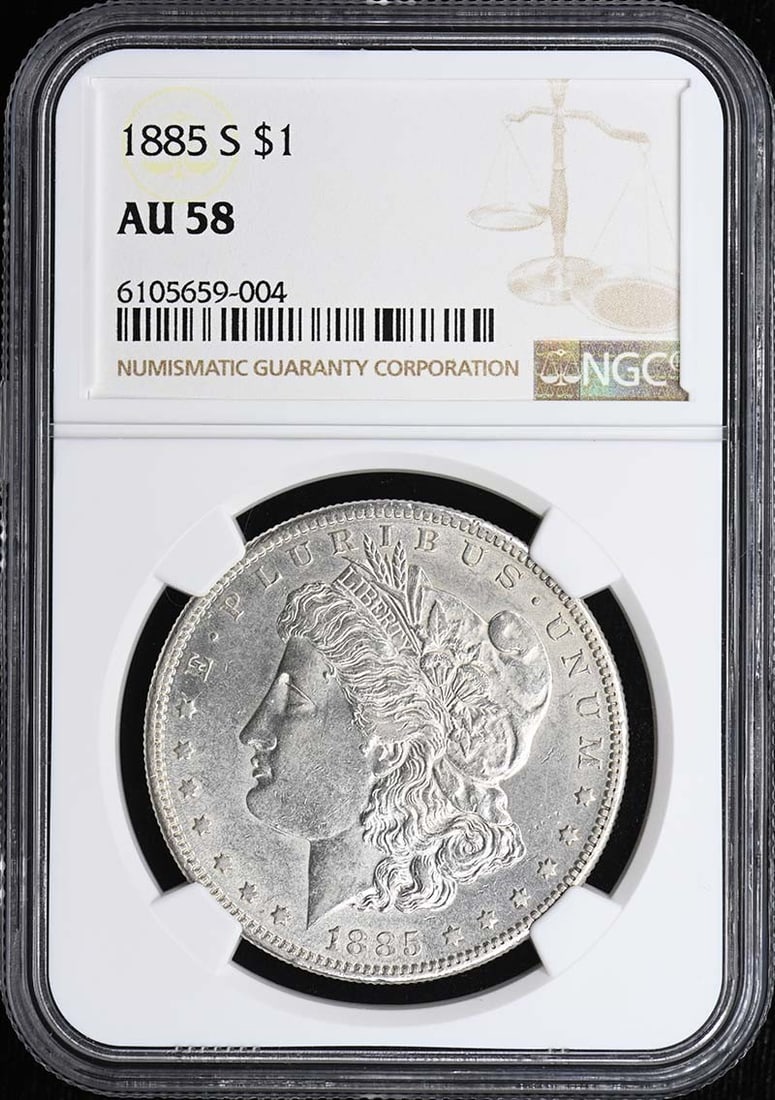 NGC AU58 1885-S United States Morgan Silver Dollar: NGC AU58 1885-S United States Morgan Silver Dollar 1885-S Morgan Dollar certified by NGC and graded AU58. This circulated, pre-owned United States silver dollar is identified as a Morgan Dollar with a