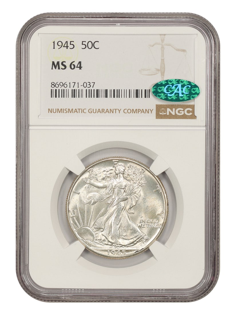NGC CAC MS64 1945 Walking Liberty 50C Half Dollar: NGC CAC MS64 1945 Walking Liberty 50C Half Dollar 1945 Walking Liberty Half Dollar certified by NGC and CAC in MS64 grade. This uncirculated coin was struck at the Philadelphia Mint and is offered as 