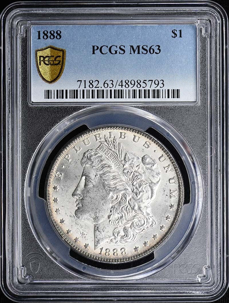 PCGS MS63 1888 Morgan Silver Dollar $1: PCGS MS63 1888 Morgan Silver Dollar $1 1888 Morgan Dollar certified by PCGS and graded MS63. This pre-owned coin is uncirculated and was struck in the United States. Specifications Coin Type: Morgan D