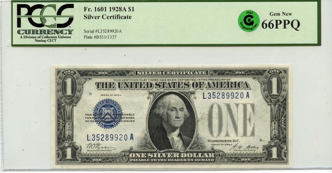 PCGS Gem 66 PPQ 1928A $1 Silver Certificate Fr 1601 Green: PCGS Gem 66 PPQ 1928A $1 Silver Certificate Fr 1601 Green 1928A $1 Silver Certificate graded PCGS Gem 66 PPQ. This uncirculated United States note is a pre-owned example of a 1928 issue Silver Certifi