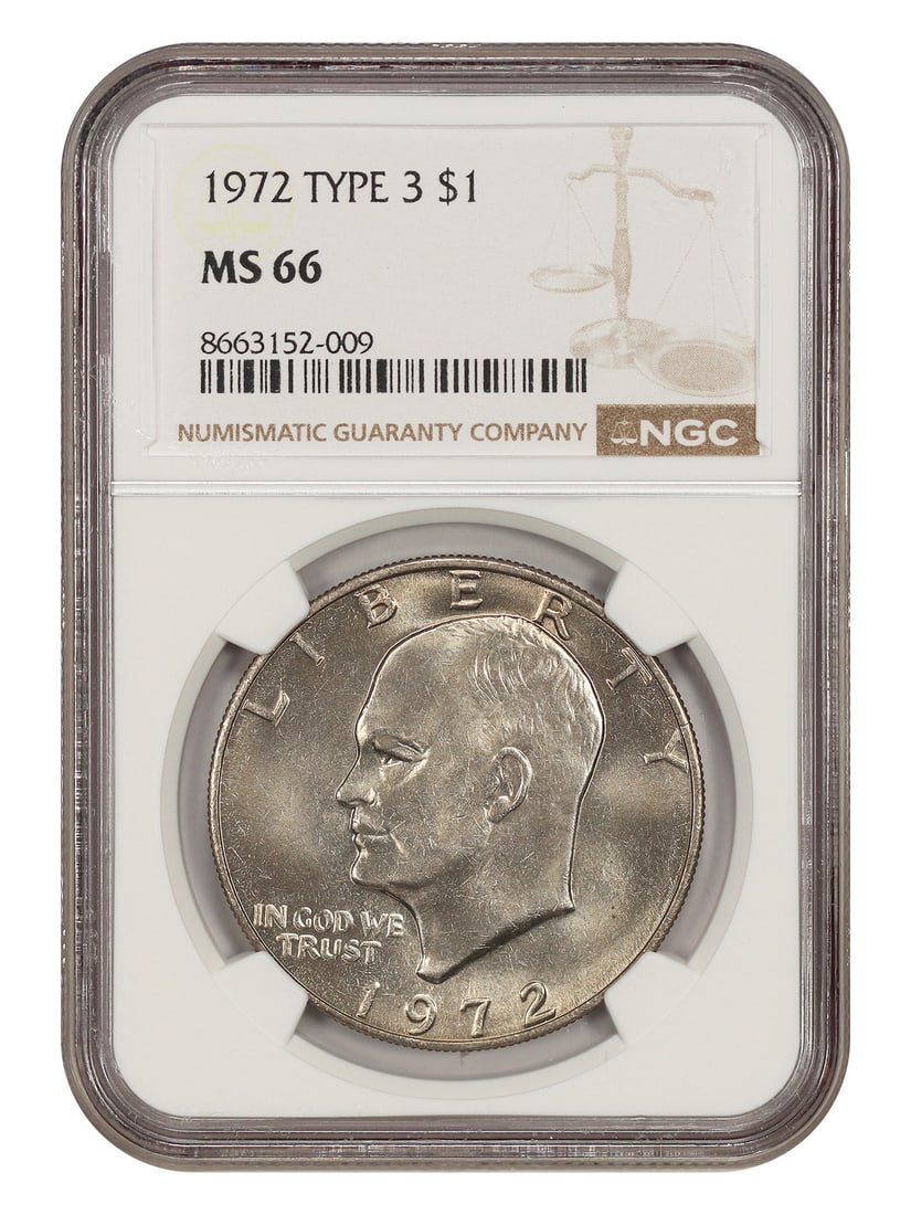 NGC MS66 1972 Eisenhower Dollar Type 3 Philadelphia $1: NGC MS66 1972 Eisenhower Dollar Type 3 Philadelphia $1 1972 Ike Dollar certified by NGC in MS66. This uncirculated Type 3 issue features improved high relief reverse dies and is a pre-owned coin. Spec