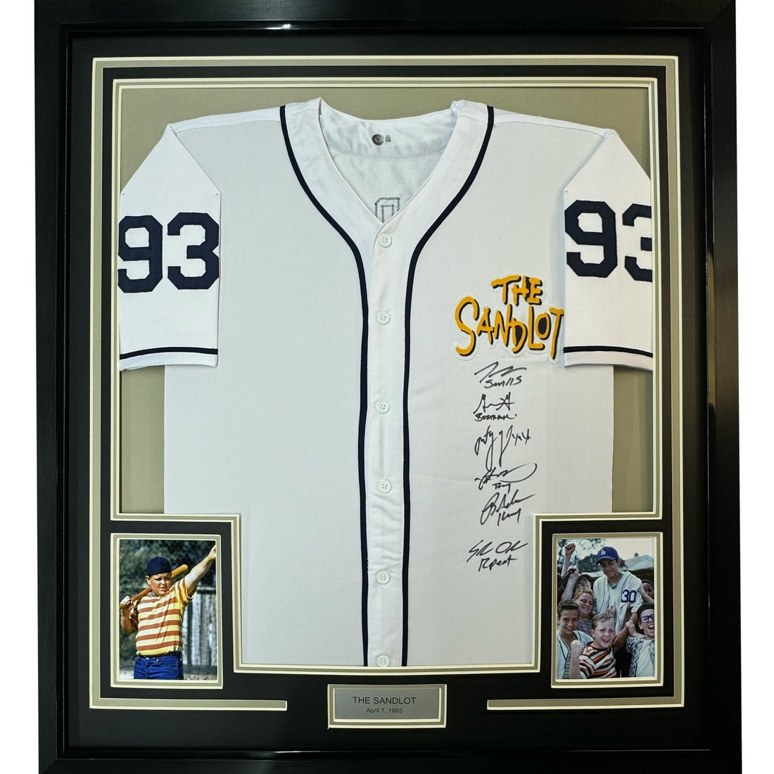 Beckett Certified Framed Sandlot Cast Signed White Jersey 33x42 6 Autographs: Beckett Certified Framed Sandlot Cast Signed White Jersey 33x42 6 Autographs Framed white jersey from The Sandlot, signed by six cast members and featuring character name inscriptions. This original a