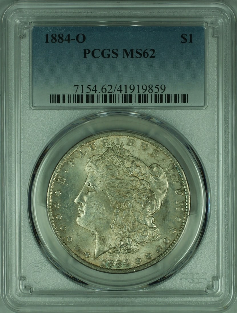 PCGS MS-62 1884-O Morgan Silver Dollar $1 Lightly Toned: PCGS MS-62 1884-O Morgan Silver Dollar $1 Lightly Toned This 1884-O Morgan Silver Dollar features a lightly toned finish and has been certified by PCGS with a grade of MS-62. Minted in New Orleans, th