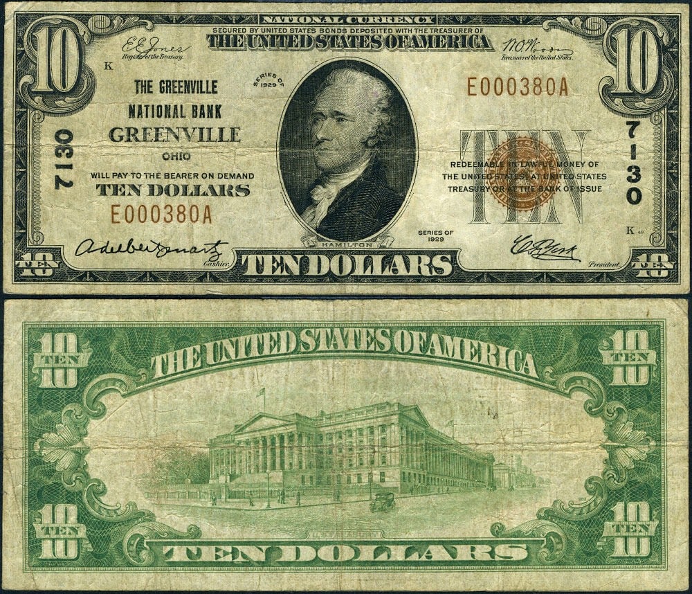 1929 T-1 Greenville OH $10 National Bank Note CH 7130 Fine: 1929 T-1 Greenville OH $10 National Bank Note CH 7130 Fine 1929 T-1 Greenville, Ohio $10 National Bank Note from Greenville NB, charter number 7130. This circulated example is described as a very nice