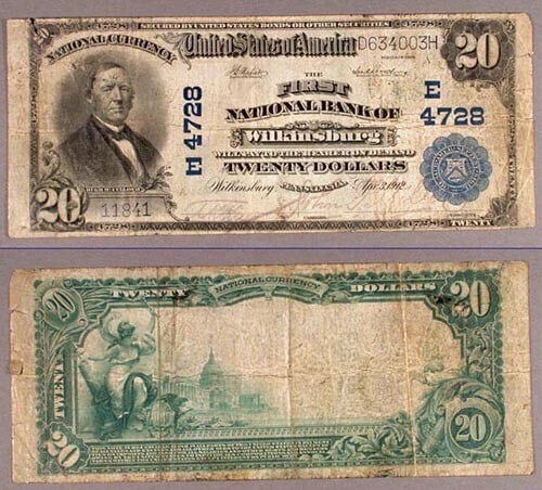 1902 PB $20 National Bank Note First NB Wilkinsburg PA Ch #4728: 1902 PB $20 National Bank Note First NB Wilkinsburg PA Ch #4728 1902 PB $20 National Bank Note from Wilkinsburg, Pennsylvania, Charter #4728, issued by First NB. This circulated example is graded Very
