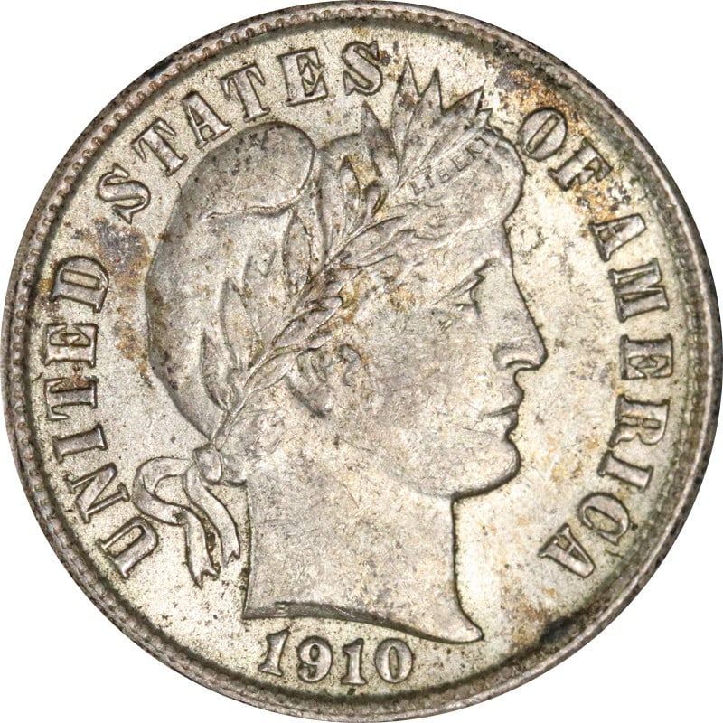 United States 1910 Philadelphia Silver Barber Dime Coin: United States 1910 Philadelphia Silver Barber Dime Coin This 1910-P Barber Dime is a circulated, pre-owned coin from the United States. Composed of silver with a fineness of 0.9, it was minted in Phil
