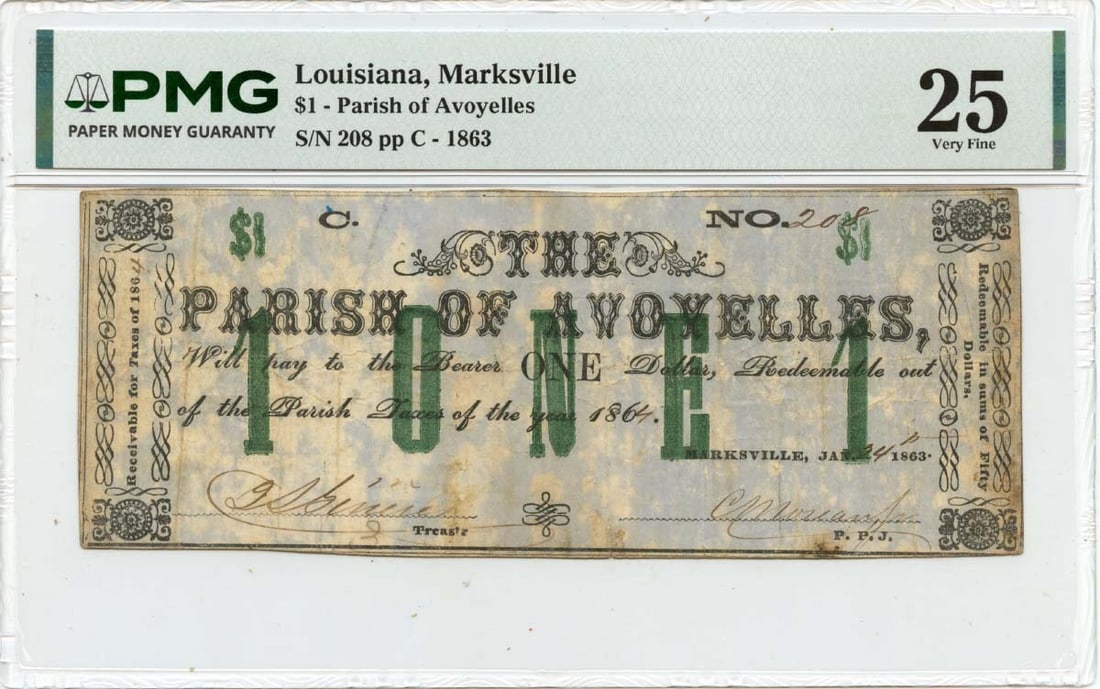 PMG VF25 1863 Marksville Louisiana Parish of Avoyelles $1 Obsolete Note: PMG VF25 1863 Marksville Louisiana Parish of Avoyelles $1 Obsolete Note 1863 Marksville, Louisiana obsolete note from the Parish of Avoyelles. This pre-owned example is a circulated note graded VF25 b