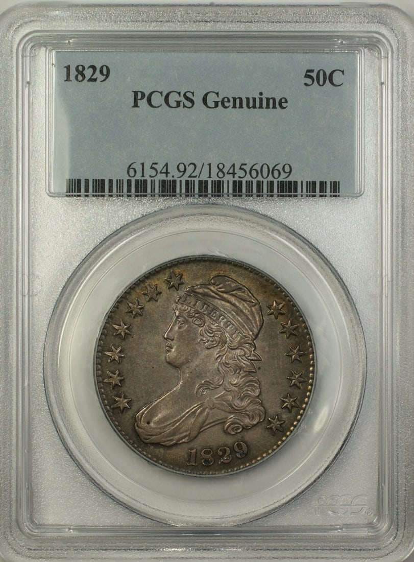PCGS Genuine 1829 Capped Bust 50C Silver Half Dollar: PCGS Genuine 1829 Capped Bust 50C Silver Half Dollar 1829 Capped Bust half dollar coin certified by PCGS and graded Genuine. This United States 50C silver coin features the Lettered Edge variety and i