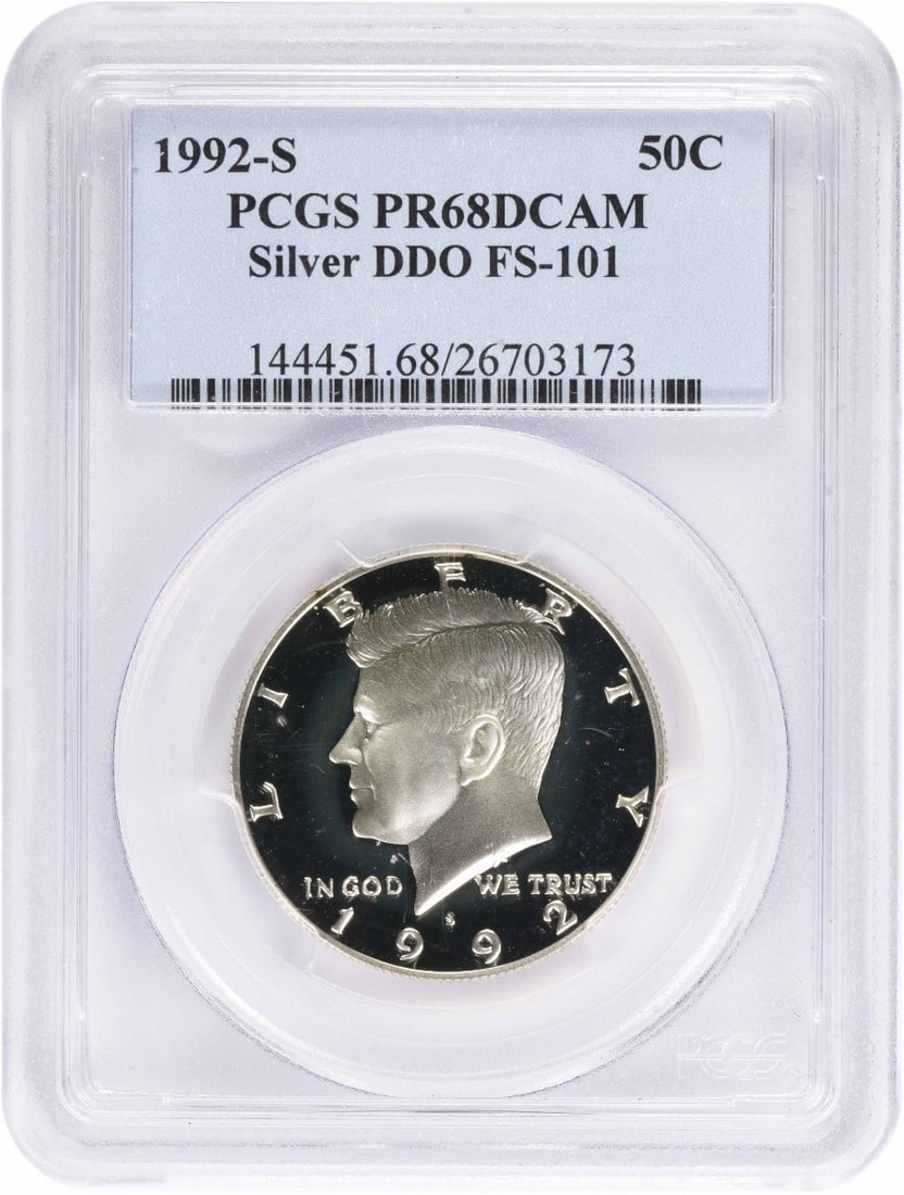 PCGS PR68DCAM 1992 S Kennedy Silver 50C FS-101 DDO Proof: PCGS PR68DCAM 1992 S Kennedy Silver 50C FS-101 DDO Proof 1992-S Kennedy silver half dollar with the DDO FS-101 variety. This proof coin is graded PR68DCAM by PCGS and is an uncirculated pre-owned exam