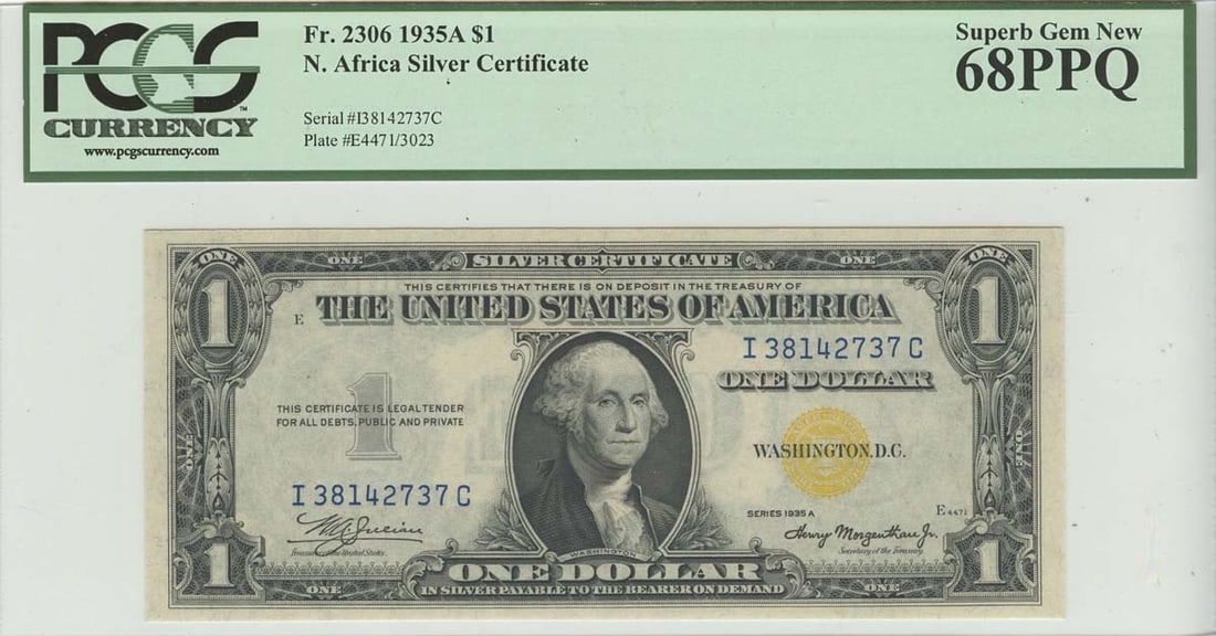 1935A $1 North Africa PCGS 68 Superb Gem Currency PPQ: 1935A $1 North Africa PCGS 68 Superb Gem Currency PPQ This 1935A $1 North Africa note is graded as MS68 by PCGS, indicating it is in uncirculated condition with superb gem quality. It features the PPQ