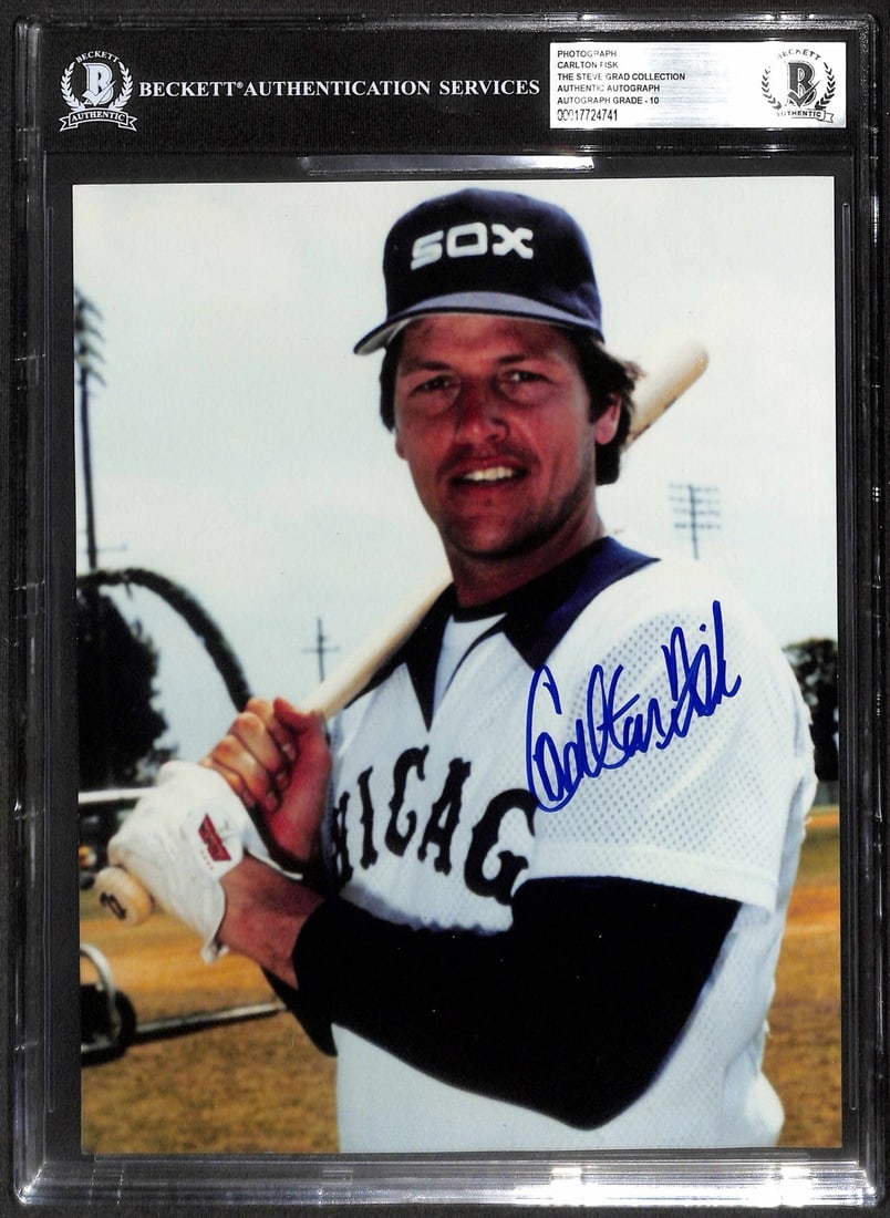 Beckett Auto 10 Carlton Fisk signed 8x10 White Sox Hall of Fame photo: Beckett Auto 10 Carlton Fisk signed 8x10 White Sox Hall of Fame photo Original 8x10 color photograph of Carlton Fisk in a Chicago White Sox uniform, signed in blue marker. The autograph is authenticat