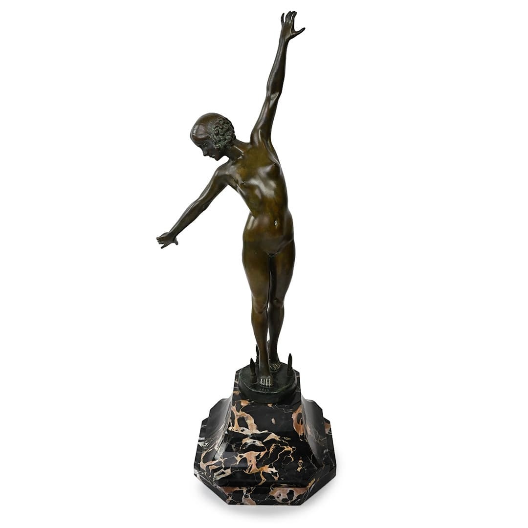 Art Deco Bronze Nude Woman Statue Signed F Ouillon-Carrere 1919: Art Deco Bronze Nude Woman Statue Signed F Ouillon-Carrere 1919 Original bronze sculpture depicting a nude female figure in a dynamic Art Deco pose, standing on tiptoe with one arm raised and the othe