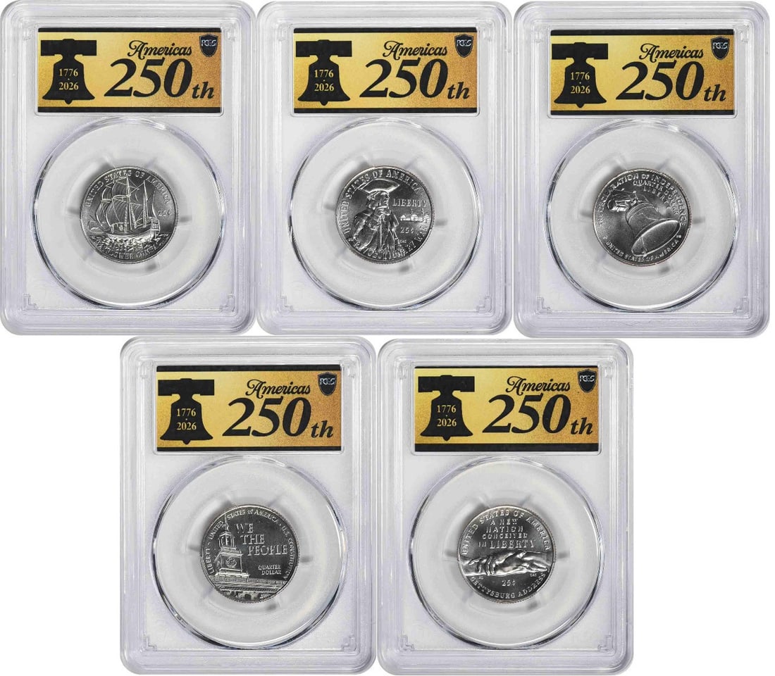 PCGS MS66 FDOI 2026 D 25C Semiquincentennial Quarter Anniversary Label: PCGS MS66 FDOI 2026 D 25C Semiquincentennial Quarter Anniversary Label PCGS-certified 2026-D Semiquincentennial quarter set graded MS66 FDOI with Anniversary Label. This uncirculated clad 25C coin set