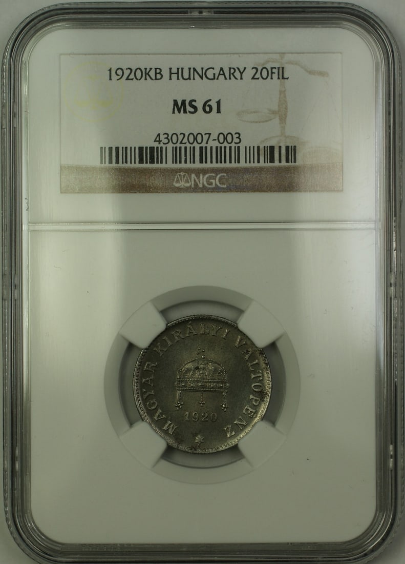 Hungary 1920-KB 20 Filler Coin graded NGC MS 61: Hungary 1920-KB 20 Filler Coin graded NGC MS 61 1920-KB Hungary 20 Filler coin graded MS 61 by NGC. This pre-owned coin is listed as uncirculated and dated 1920. Specifications Country of Origin: Hung