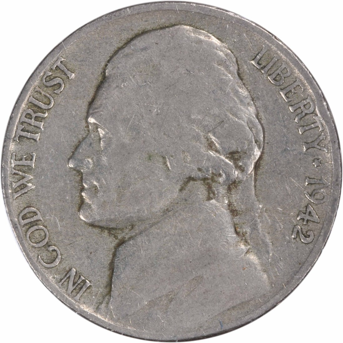 1942 Denver Jefferson 5C D Horizontal D FS-501 VF Uncertified: 1942 Denver Jefferson 5C D Horizontal D FS-501 VF Uncertified 1942-D/D Jefferson nickel, FS-501 variety, in VF grade. This circulated 5-cent coin is uncertified and features the Jefferson design by Fe