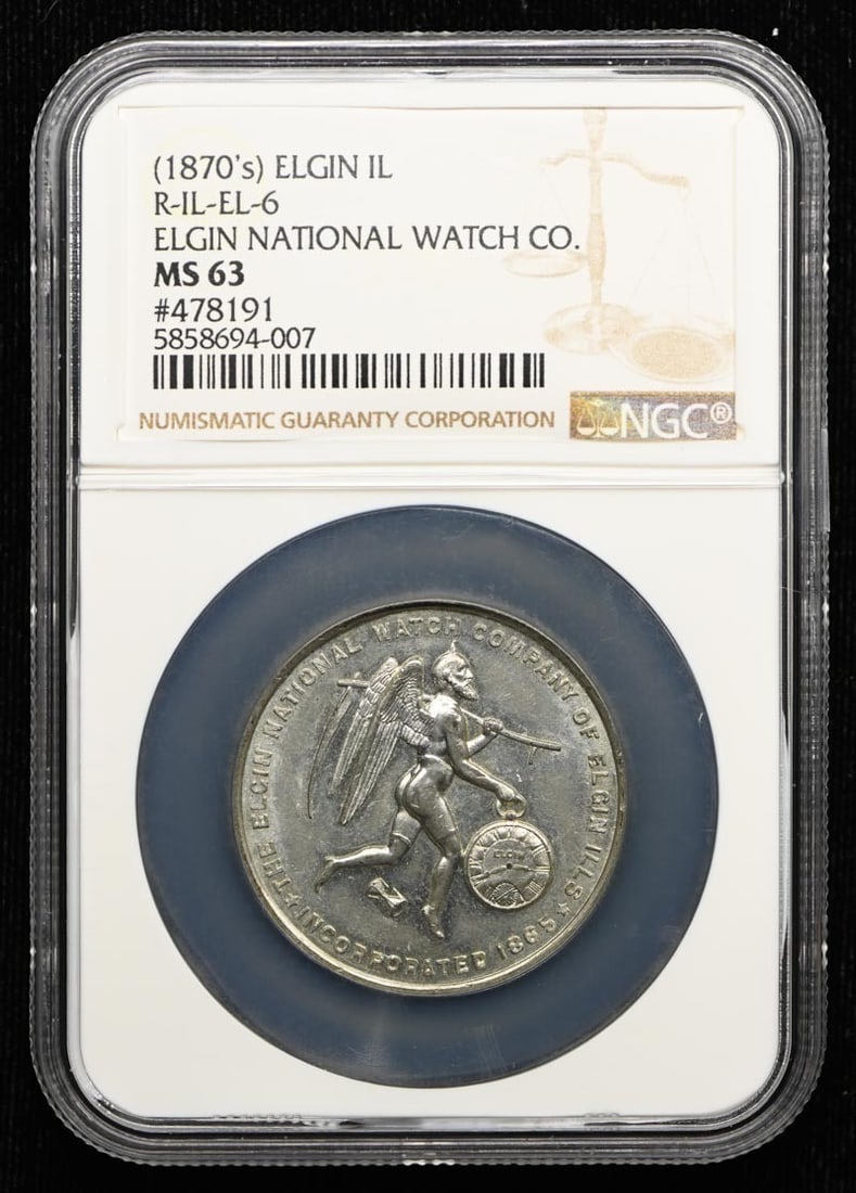 1870 Elgin National Watch Co R-IL-EL-6 Illinois Token NGC MS63: 1870 Elgin National Watch Co R-IL-EL-6 Illinois Token NGC MS63 1870 Elgin National Watch Co. token or medal graded NGC MS63. This pre-owned piece is uncirculated and comes with an NGC certification nu