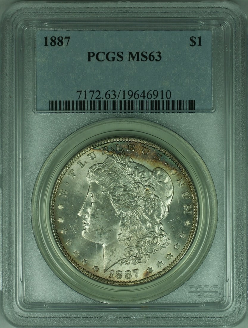 1887 Morgan Dollar Silver $1 PCGS MS63 Philadelphia Light Toning: 1887 Morgan Dollar Silver $1 PCGS MS63 Philadelphia Light Toning This 1887 Morgan Silver Dollar is certified by PCGS with a grade of MS63. It is lightly toned and was minted in Philadelphia. The coin 