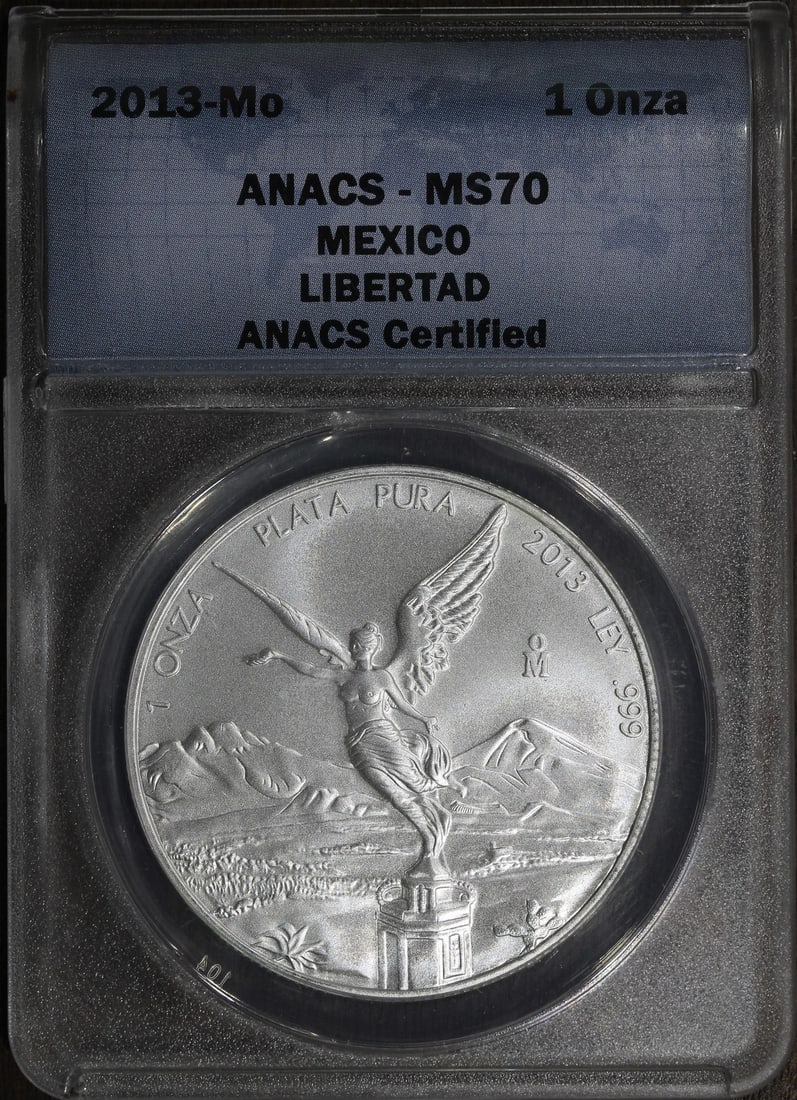 ANACS MS70 2013-Mo Mexico 1 oz Silver Libertad Coin: ANACS MS70 2013-Mo Mexico 1 oz Silver Libertad Coin 2013-Mo Mexico 1 oz Silver Libertad Onza coin certified by ANACS and graded MS 70. This pre-owned Mexican Libertad is struck in .999 fine silver wit