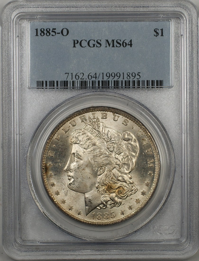 1885 New Orleans Morgan dollar PCGS MS64: 1885 New Orleans Morgan dollar PCGS MS64 This 1885-O Morgan Silver Dollar is a $1 coin from the United States, minted in New Orleans. It is composed of silver and has been certified by PCGS with a gra