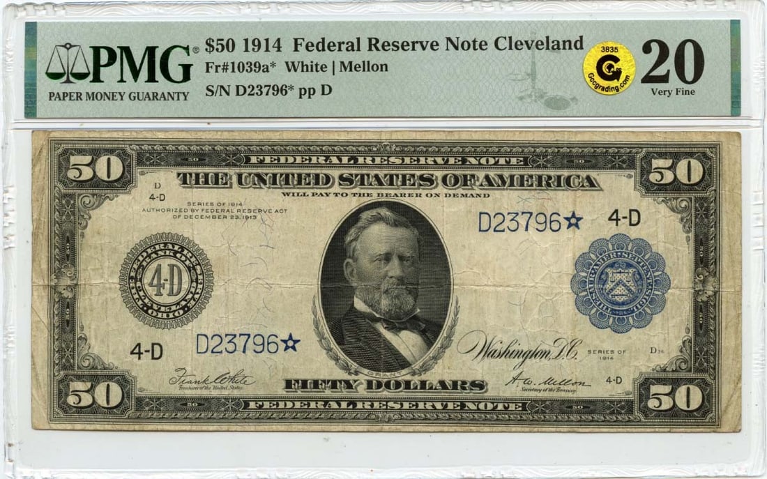 1914 $50 Federal Reserve Note Cleveland PMG VF20 Certified: 1914 $50 Federal Reserve Note Cleveland PMG VF20 Certified This 1914 $50 Federal Reserve Note from Cleveland, Ohio, is a rare collectible piece of American currency. Certified by PMG with a grade of V