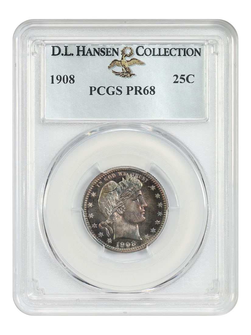 Barber Quarter 1908 25C PCGS PR68 ex D.L. Hansen (1 of 6)
