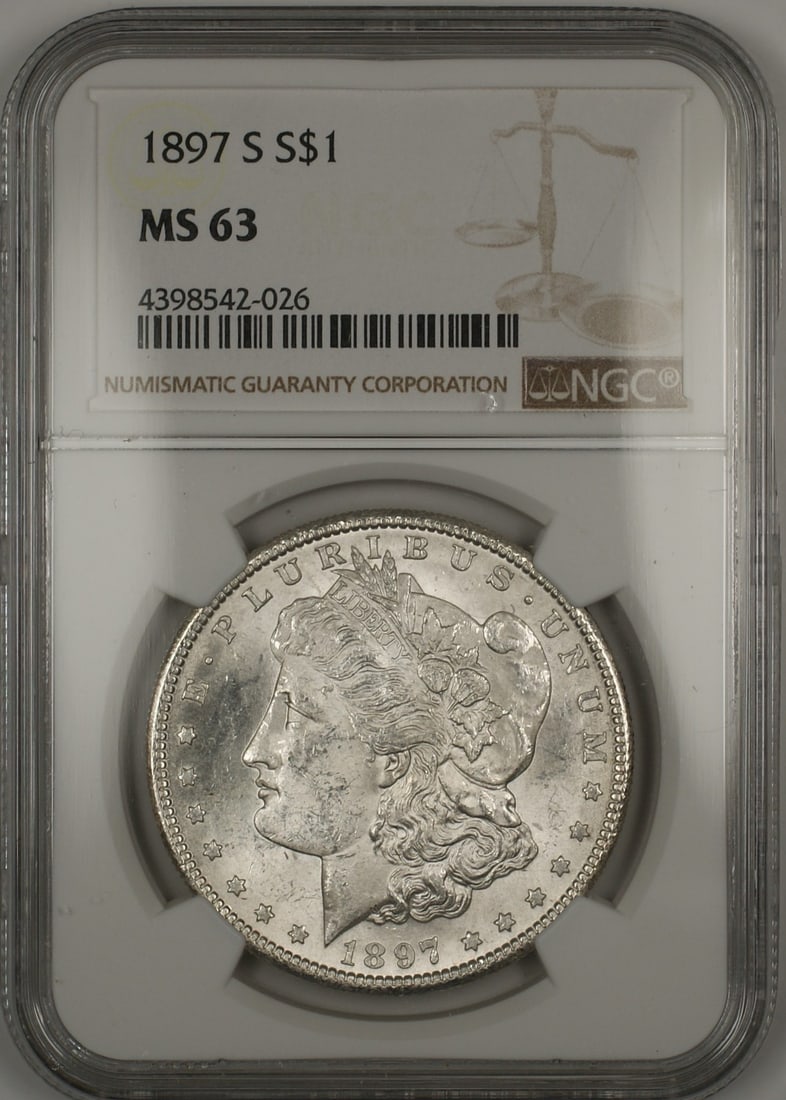 NGC MS 63 1897-S Morgan $1 Silver Dollar: NGC MS 63 1897-S Morgan $1 Silver Dollar 1897-S Morgan Silver Dollar $1 certified by NGC and graded MS 63. This uncirculated United States silver coin is offered in pre-owned condition. Specifications
