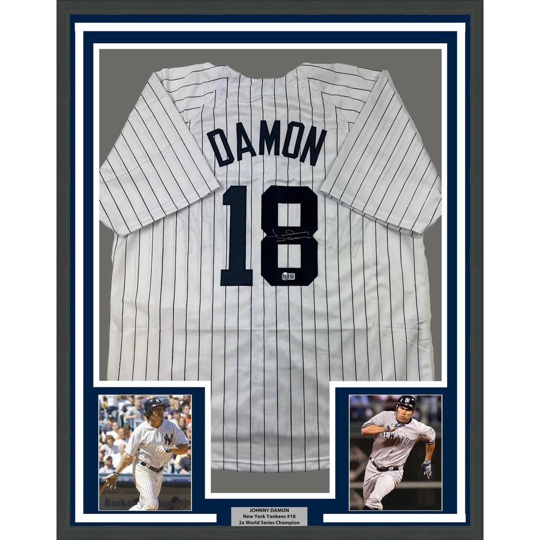 Johnny Damon signed framed Yankees pinstripe jersey Beckett COA 35x39: Johnny Damon signed framed Yankees pinstripe jersey Beckett COA 35x39 Professionally framed and matted autographed Johnny Damon New York Yankees pinstripe jersey. This original signed display includes