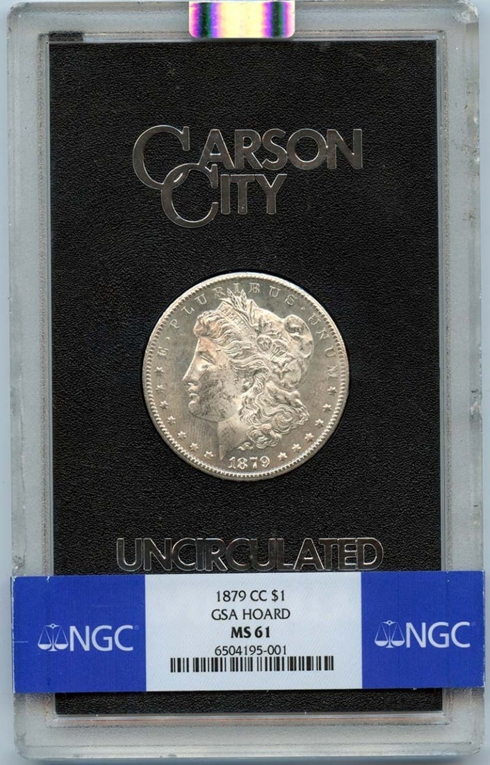 NGC MS61 1879 Carson City Morgan Dollar GSA Hoard: NGC MS61 1879 Carson City Morgan Dollar GSA Hoard This 1879-CC Morgan Dollar is part of the GSA Hoard and has been graded MS61 by NGC. Struck at the Carson City Mint, this uncirculated silver dollar i