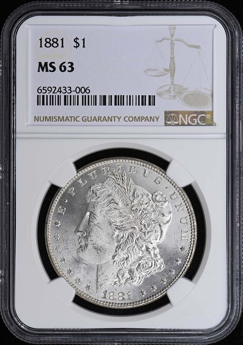 NGC MS63 1881 Morgan Dollar US Silver Coin: NGC MS63 1881 Morgan Dollar US Silver Coin Certified 1881 Morgan Dollar graded MS63 by NGC. This pre-owned coin is an uncirculated example of the Morgan Dollar series from the United States. Specifica