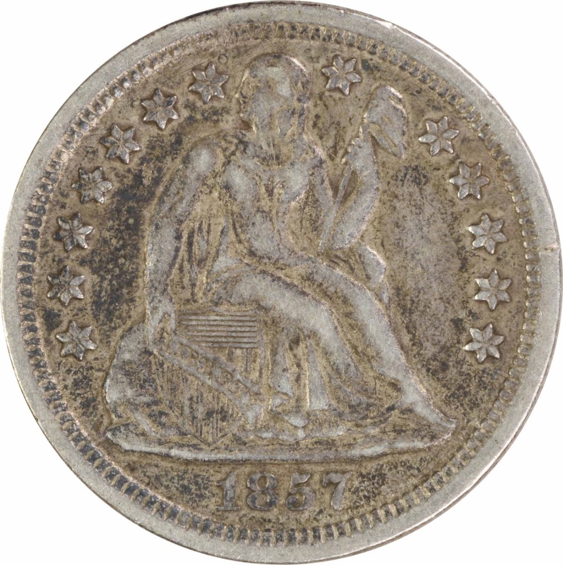 1857 Seated Liberty 10C Silver Dime EF Uncertified: 1857 Seated Liberty 10C Silver Dime EF Uncertified 1857 Liberty Seated silver dime in circulated EF grade. This uncertified United States 10C coin features the Seated Liberty design and is struck in 9