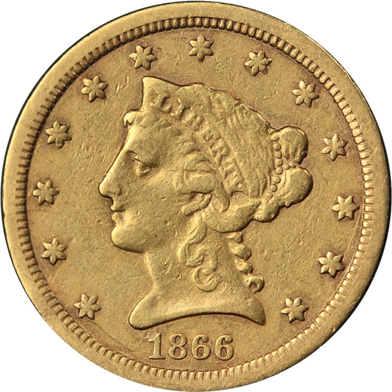 1866-S Liberty Head Quarter Eagle Gold Coin VF XF: 1866-S Liberty Head Quarter Eagle Gold Coin VF XF 1866-S Liberty Gold $2.50 coin with nice VF/XF detail, strong eye appeal, and a nice strike. This circulated example shows nice color and surfaces. Un