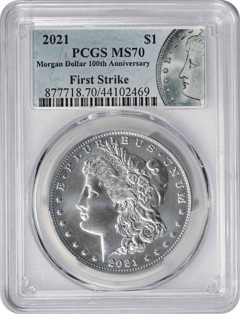 PCGS MS70 First Strike 2021 Morgan Silver Dollar Philadelphia: PCGS MS70 First Strike 2021 Morgan Silver Dollar Philadelphia 2021 Morgan Silver Dollar graded MS70 by PCGS with a First Strike designation and Morgan Label. This uncirculated coin is struck in 99.9% 