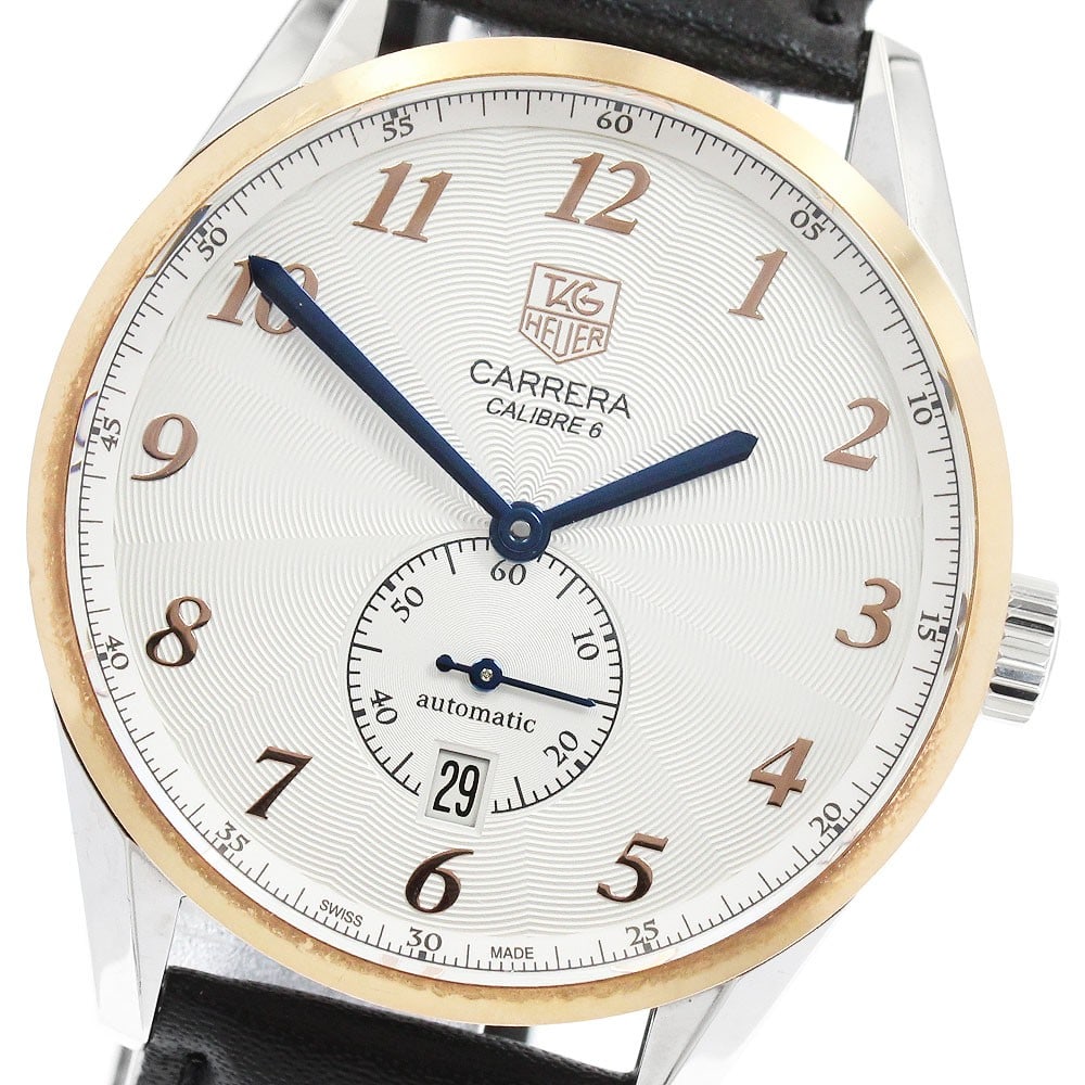 TAG Heuer Carrera WAS2156 Mens Automatic Date Watch Aftermarket Strap: TAG Heuer Carrera WAS2156 Mens Automatic Date Watch Aftermarket Strap TAG Heuer Carrera Date automatic men's wristwatch with a silver dial, date display, and small seconds. The watch features an SS/PG