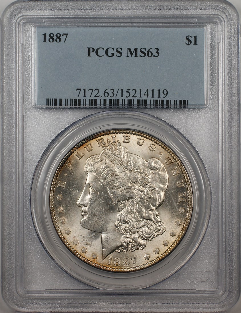 PCGS MS-63 1887 Morgan Silver Dollar $1: PCGS MS-63 1887 Morgan Silver Dollar $1 1887 Morgan Silver Dollar $1 coin from the United States, certified by PCGS and graded MS-63. This uncirculated silver coin is a pre-owned example. Specificatio