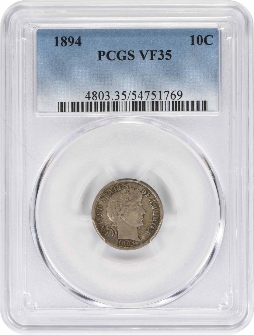 PCGS VF35 1894 United States Barber 10C Silver Dime: PCGS VF35 1894 United States Barber 10C Silver Dime 1894 Barber dime certified by PCGS and offered in circulated, pre-owned condition. This United States 10C coin is graded VF35 and struck in silver. 