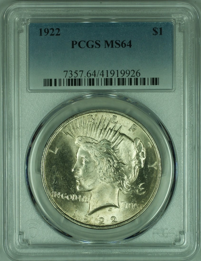 PCGS MS-64 1922 Peace Dollar $1 Lightly Toned Silver Coin: PCGS MS-64 1922 Peace Dollar $1 Lightly Toned Silver Coin This 1922 Peace Silver Dollar features a light toning and is certified by PCGS with a grade of MS-64. Minted in Philadelphia, it is composed o