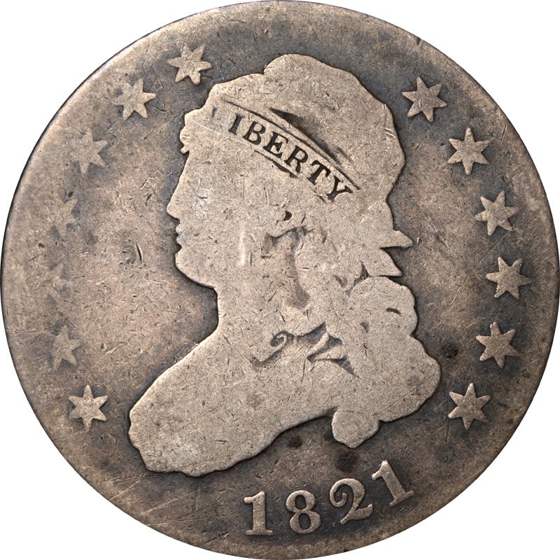 1821 Bust Quarter Silver Coin Circulated UNCERTIFIED: 1821 Bust Quarter Silver Coin Circulated UNCERTIFIED This 1821 Bust Quarter is a classic piece of numismatic history, featuring a striking design characteristic of early American coinage. Made of silv