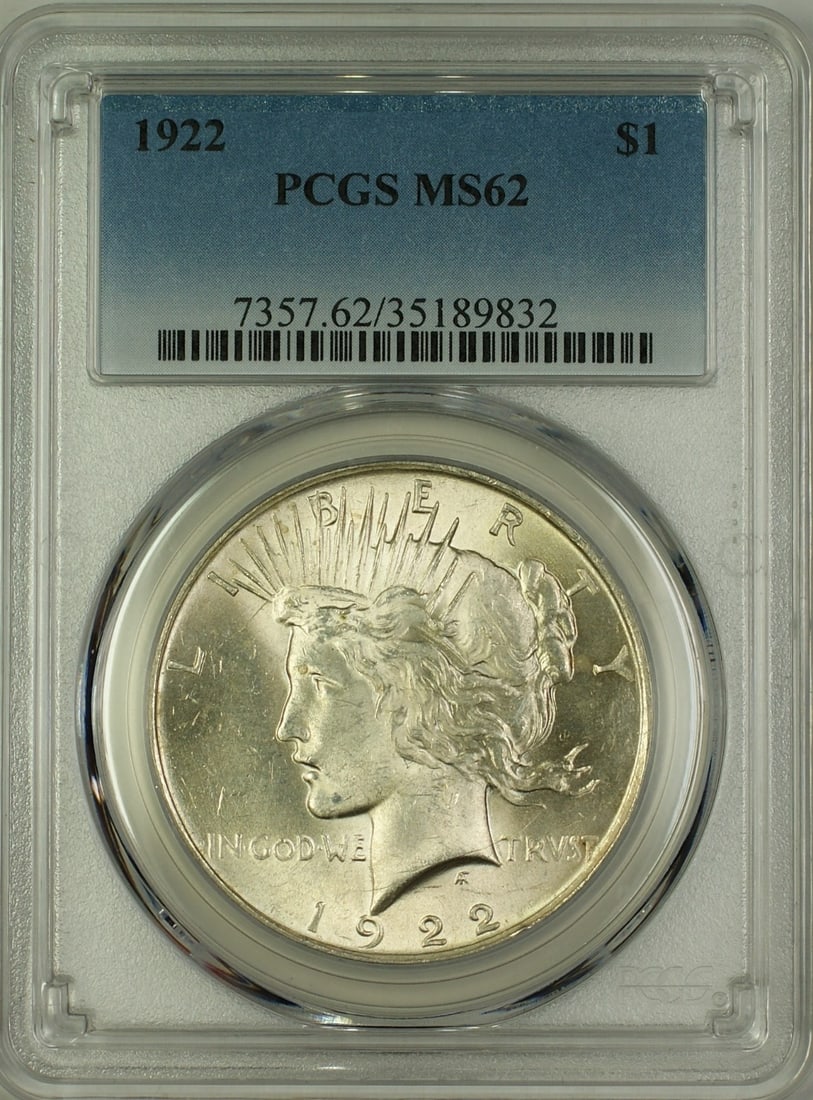 1922 Peace Dollar Silver Coin PCGS Certified MS62 Uncirculated: 1922 Peace Dollar Silver Coin PCGS Certified MS62 Uncirculated This is a 1922 Peace Silver Dollar from the United States, minted in Philadelphia. The coin is composed of silver, has a denomination of 