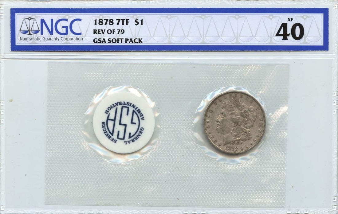 NGC XF40 1878 Morgan Silver Dollar 7 Tail Feathers Reverse of 79 Soft Pack: NGC XF40 1878 Morgan Silver Dollar 7 Tail Feathers Reverse of 79 Soft Pack This is an 1878 7 Tail Feathers Reverse of 1879 Morgan Dollar, graded XF40 by NGC. The coin is circulated and originates from