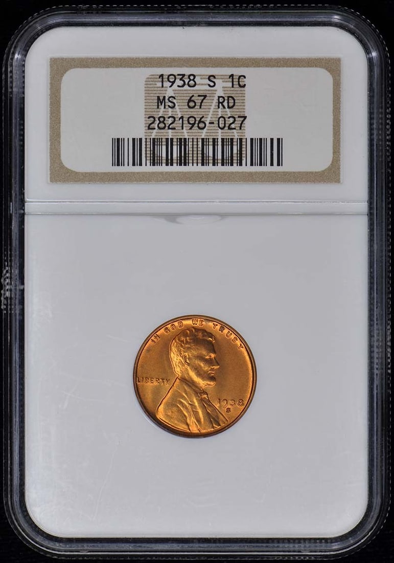 NGC MS67RD 1938 S Lincoln Cent Wheat Reverse: NGC MS67RD 1938 S Lincoln Cent Wheat Reverse 1938-S Wheat Reverse Lincoln Cent certified by NGC and graded MS67RD. This pre-owned coin is an uncirculated United States Lincoln Cent with red designatio