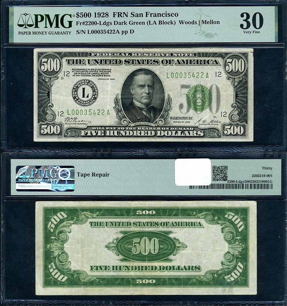 1928 $500 Federal Reserve Note Fr 2200 L San Francisco PMG VF30 (1 of 3)