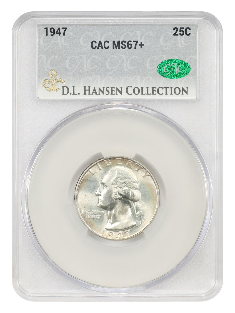 CACG MS67+ 1947 Washington Quarter 25C ex D.L. Hansen: CACG MS67+ 1947 Washington Quarter 25C ex D.L. Hansen 1947 Washington Quarter certified by CACG as MS67+ and ex: D.L. Hansen. This uncirculated 25C coin is described as gently toned and intensely lust