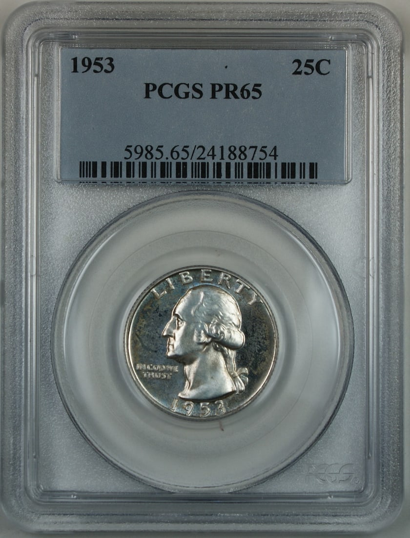 1953 Proof Washington Quarter Silver PCGS PR65 Cameo Philadelphia Mint: 1953 Proof Washington Quarter Silver PCGS PR65 Cameo Philadelphia Mint 1953 Washington Silver Quarter graded PR-65 (Cameo) by PCGS. This uncirculated proof coin was minted in Philadelphia and is compo