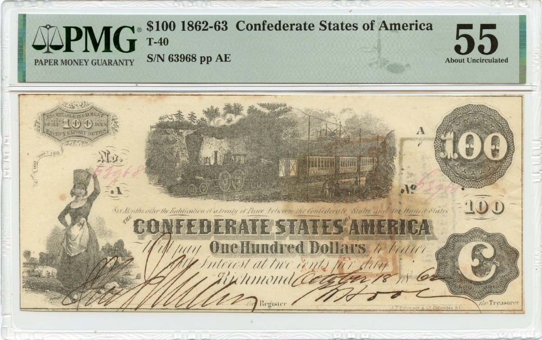 PMG AU55 1862 Confederate States of America T-40 $100 Note: PMG AU55 1862 Confederate States of America T-40 $100 Note 1862 Confederate States of America T-40 $100 note professionally graded by PMG as AU55. This pre-owned, circulated note is a certified exampl