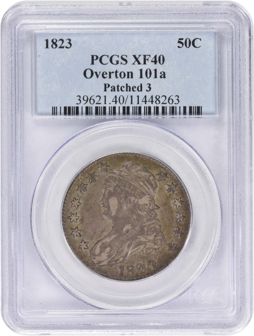 PCGS EF40 1823 Patched 3 Bust Half Dollar 50C Silver Coin: PCGS EF40 1823 Patched 3 Bust Half Dollar 50C Silver Coin This 1823 Bust Half Dollar features the distinctive 'Patched 3' variety and is graded EF40 by PCGS. Struck in Philadelphia, this circulated co